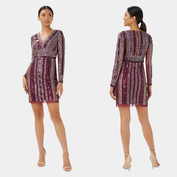 Adrianna Papell Dresses & Skirts - ADRIANNA PAPELL Stripe Bead Sheath Dress cocktail sequin purple 8 long sleeve
